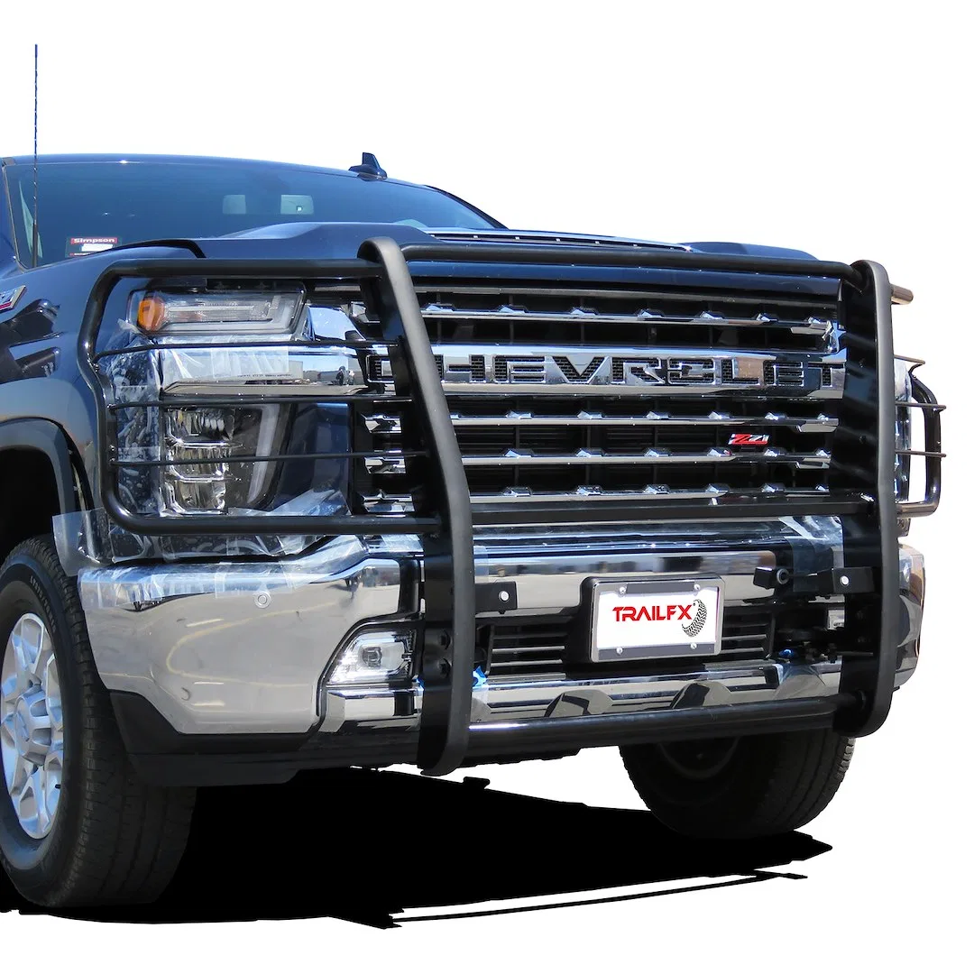 E0038B – TRAILFX Grille Guard, 1-Piece Powder Coated Gloss Black Steel 1-1/2 Inch Diameter With Brush Guard Without S...